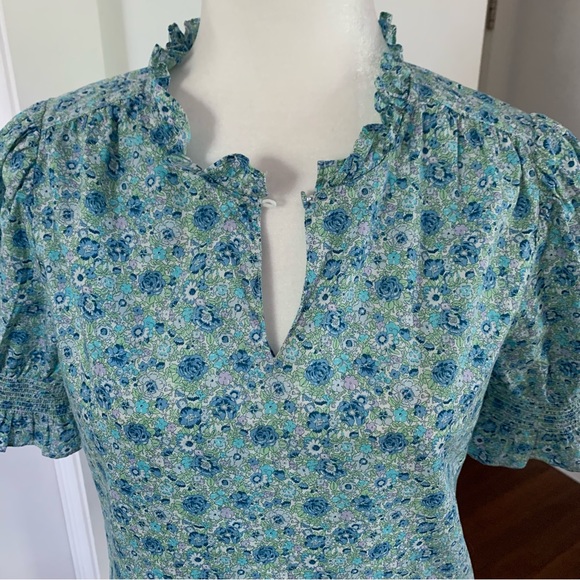 J. Crew Liberty Fabric Ruffle Trim Short Sleeve Blue Floral - Picture 3 of 14